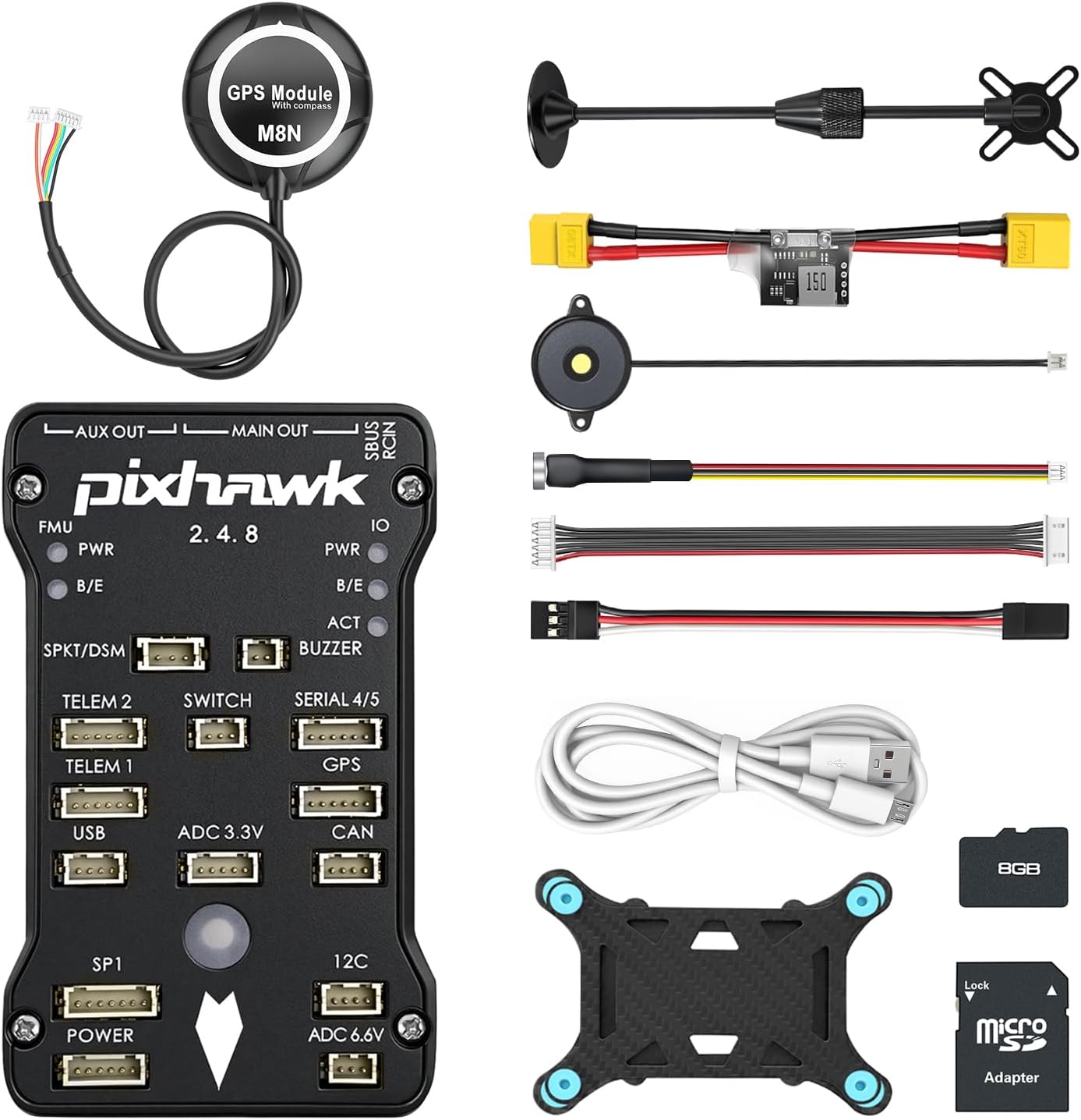 HAWK'S WORK Pixhawk PX4 Flight Controller 2.4.8 con módulo de potencia, GPS y soporte