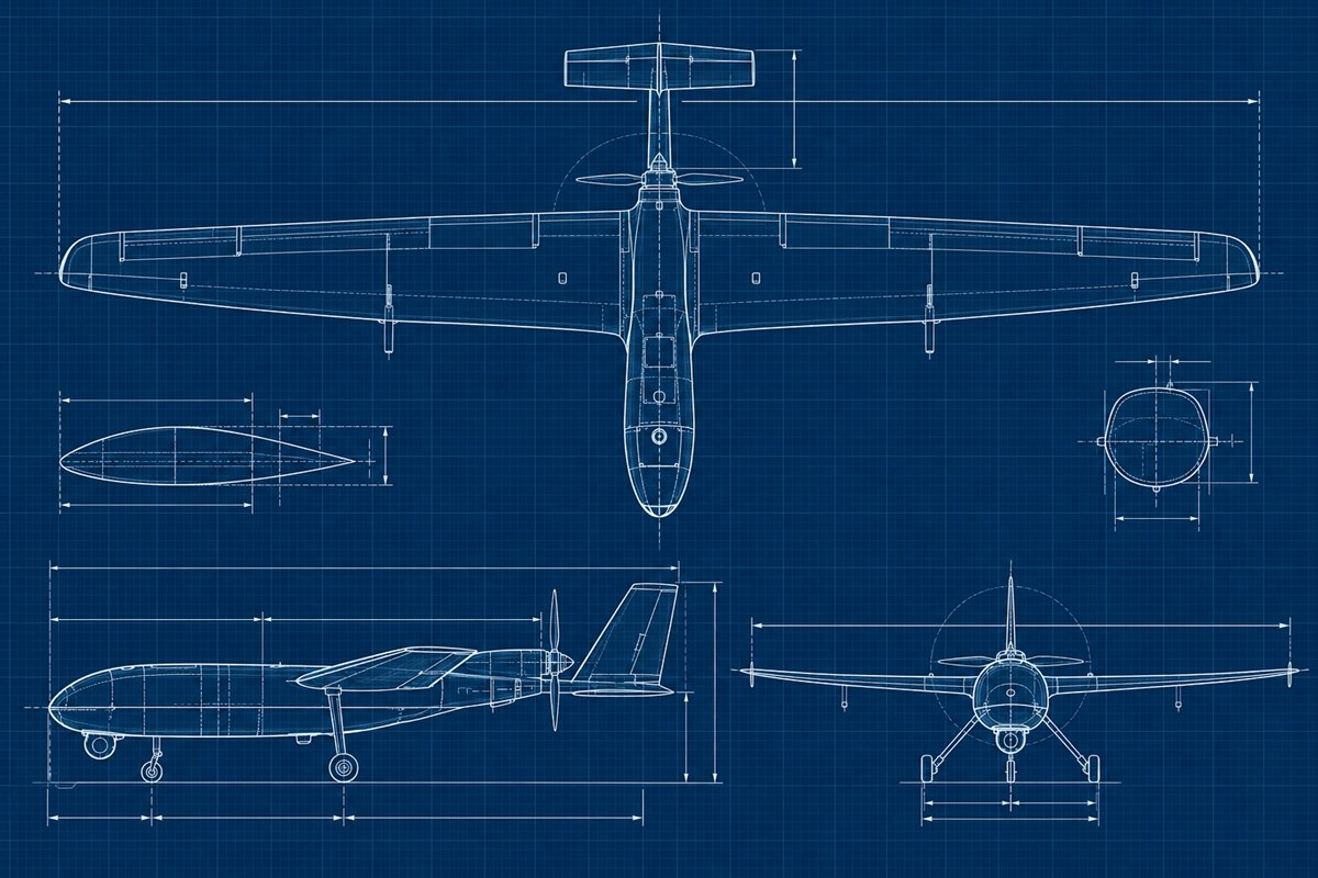 Plano técnico azul de un dron de ala fija con medidas y diferentes vistas