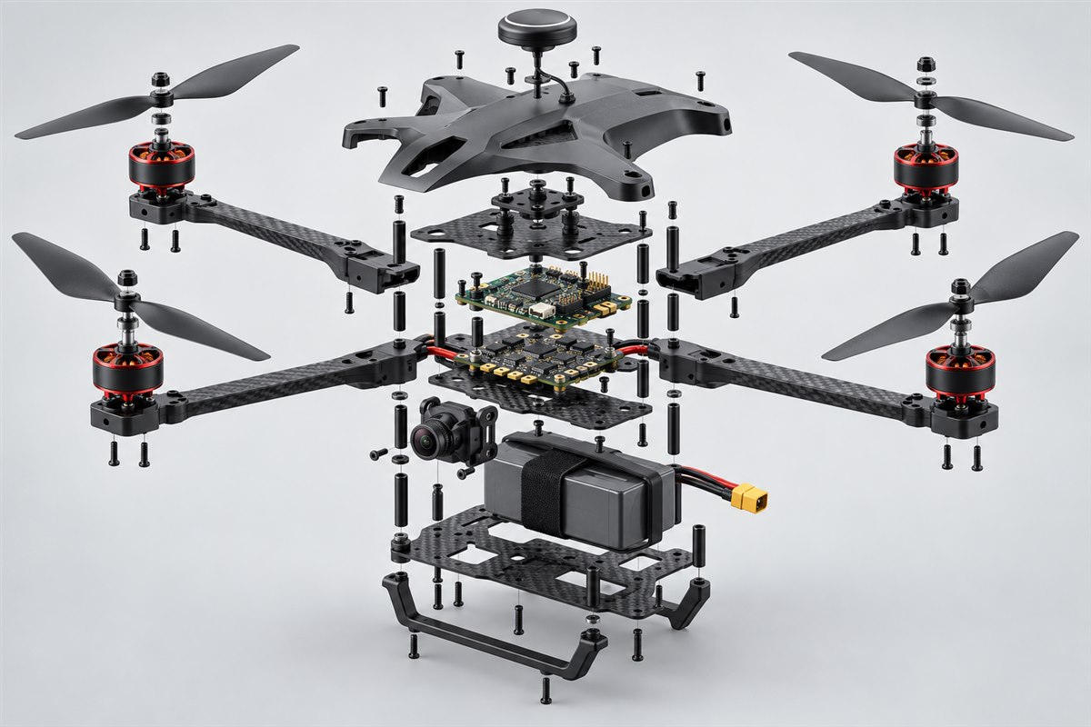 Vista 3D explotada de un cuadricóptero con todas sus piezas separadas