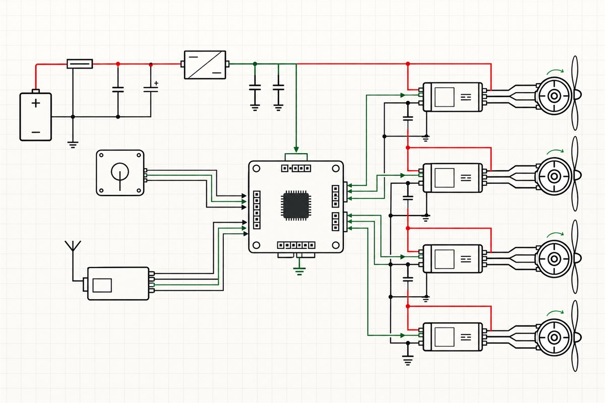 Esquema de circuitos de un dron con símbolos electrónicos profesionales
