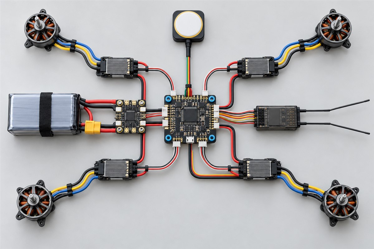 Diagrama de cableado con motores, ESC, controladora, batería, GPS y receptor