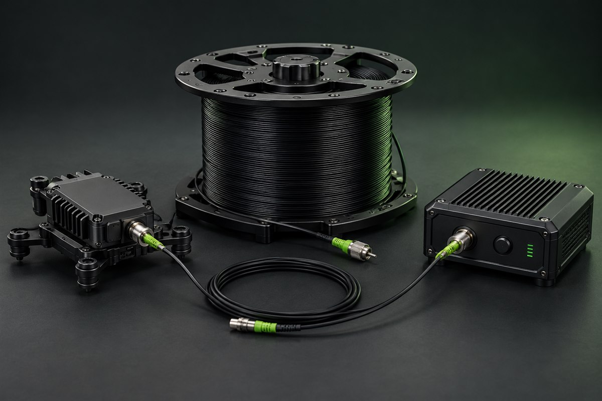 Sistema de carrete y módulos de fibra óptica para drones