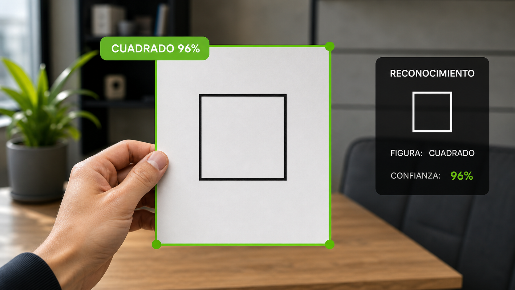 Vista previa de OpenCV detectando un cuadrado dibujado en papel con cuadro verde