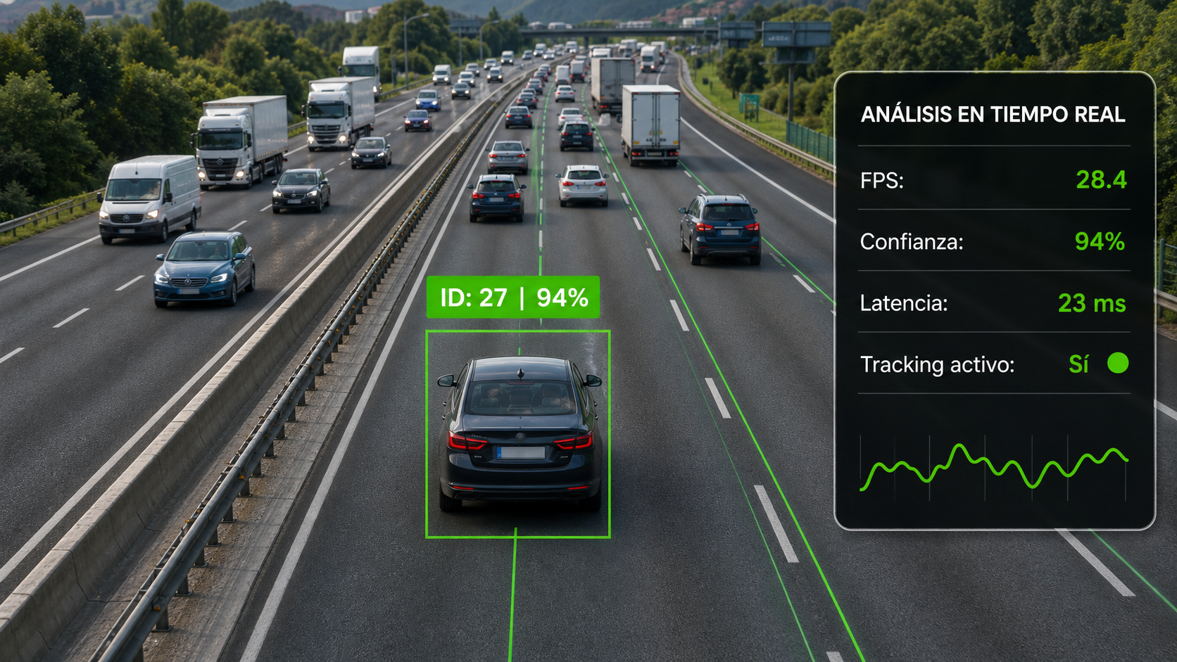 Vista previa de visión artificial personalizada siguiendo un vehículo en autopista