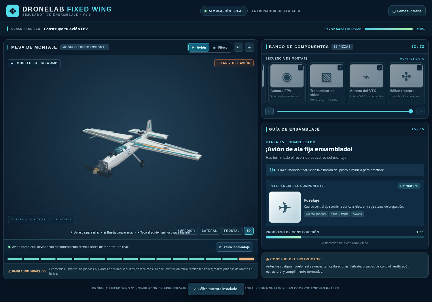 DroneLab Fixed Wing mostrando un avión de ala fija en la mesa de montaje 3D