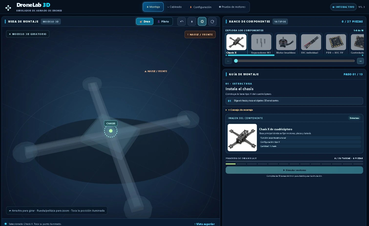 Simulador de ensamblado de drones DroneLab 3D con mesa de montaje y taller de cableado